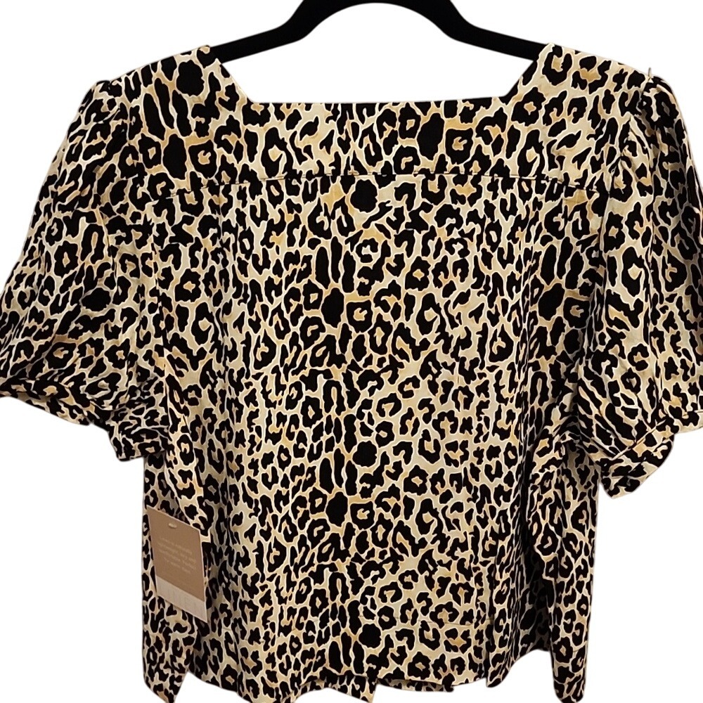 5 for $20 Calligraphie Leopard Print Linen Top L Tan Black Puff Sleeve Retro - Picture 5 of 6